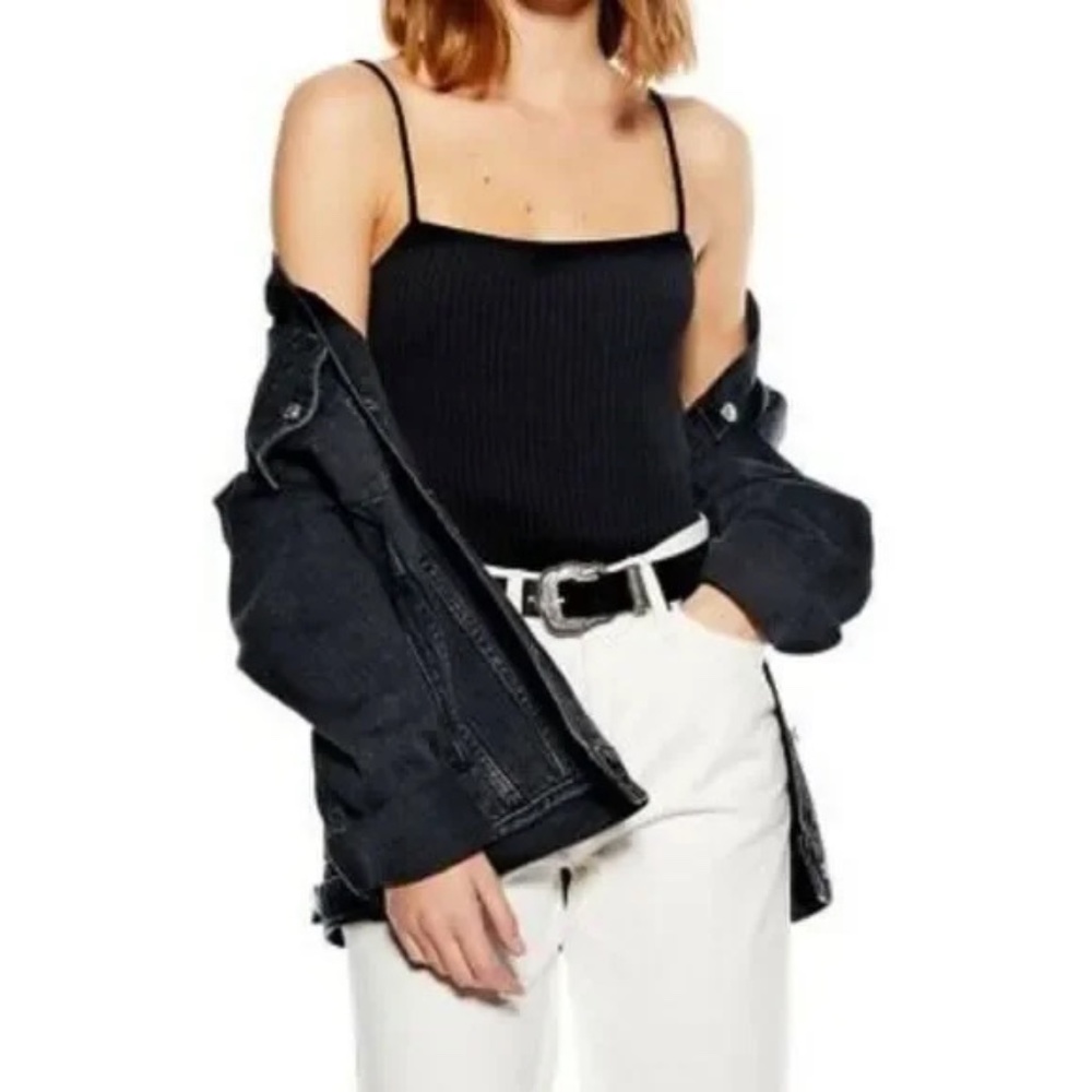 Topshop Ribbed Square Neck Bodysuit in Black
